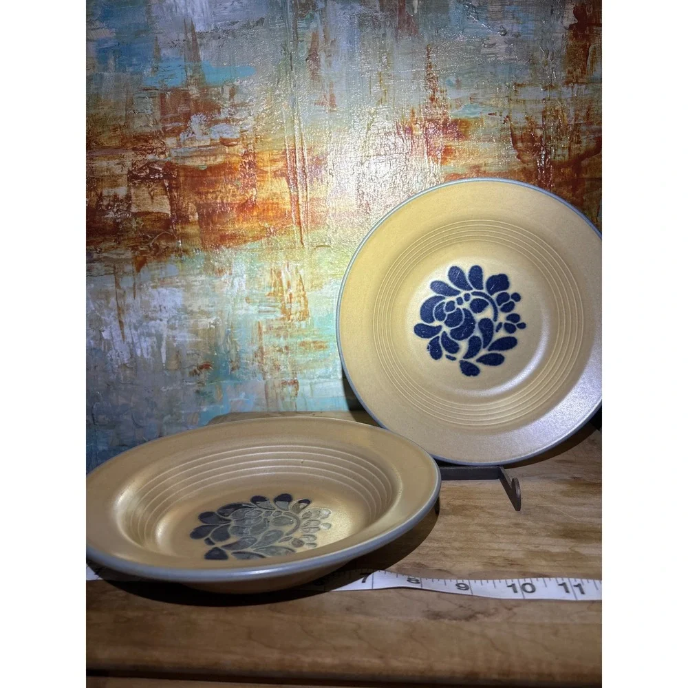 Pfaltzgraff FolkArt Stoneware‎ Soup Cereal Bowls Set of 2 Blue Floral Tan USA